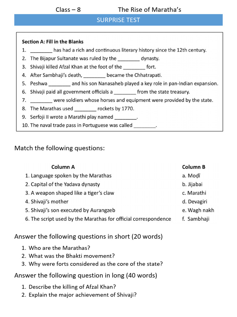 Maratha History Quiz for Class 8 | PDF