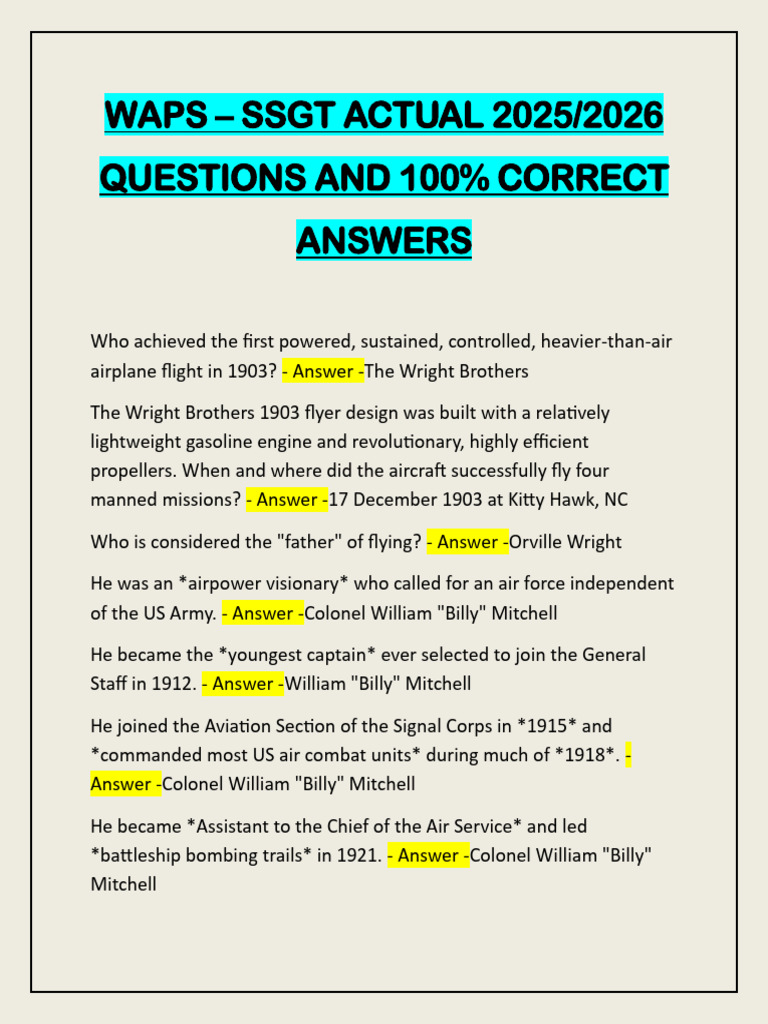 WAPS SSGT Actual 2025/2026 Answers | PDF | Military Organization | Aviation