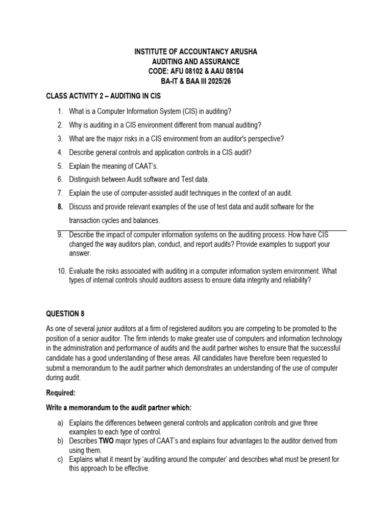 Auditing in Computer Information Systems | PDF | Audit | Internal Control