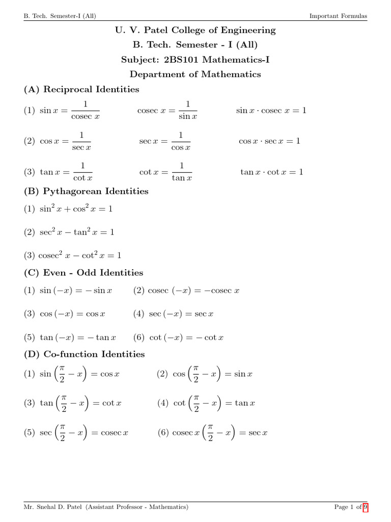 Essential Math Formulas for B. Tech I | PDF | Trigonometric Functions ...