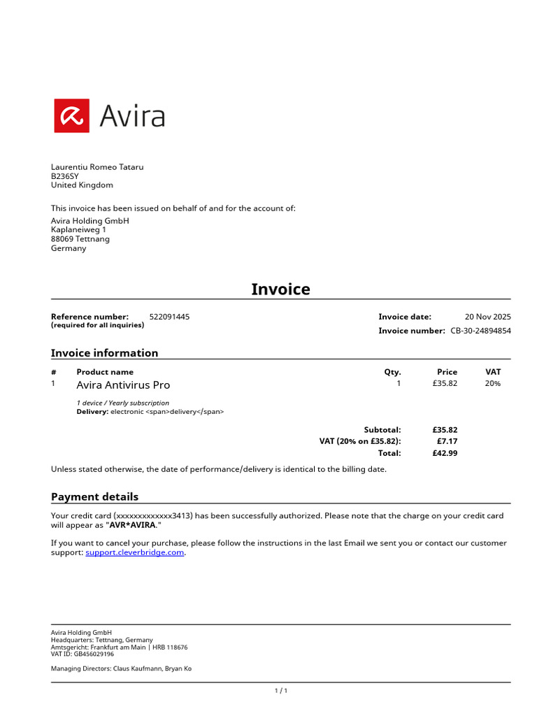 Avira Antivirus Pro Invoice Details | PDF