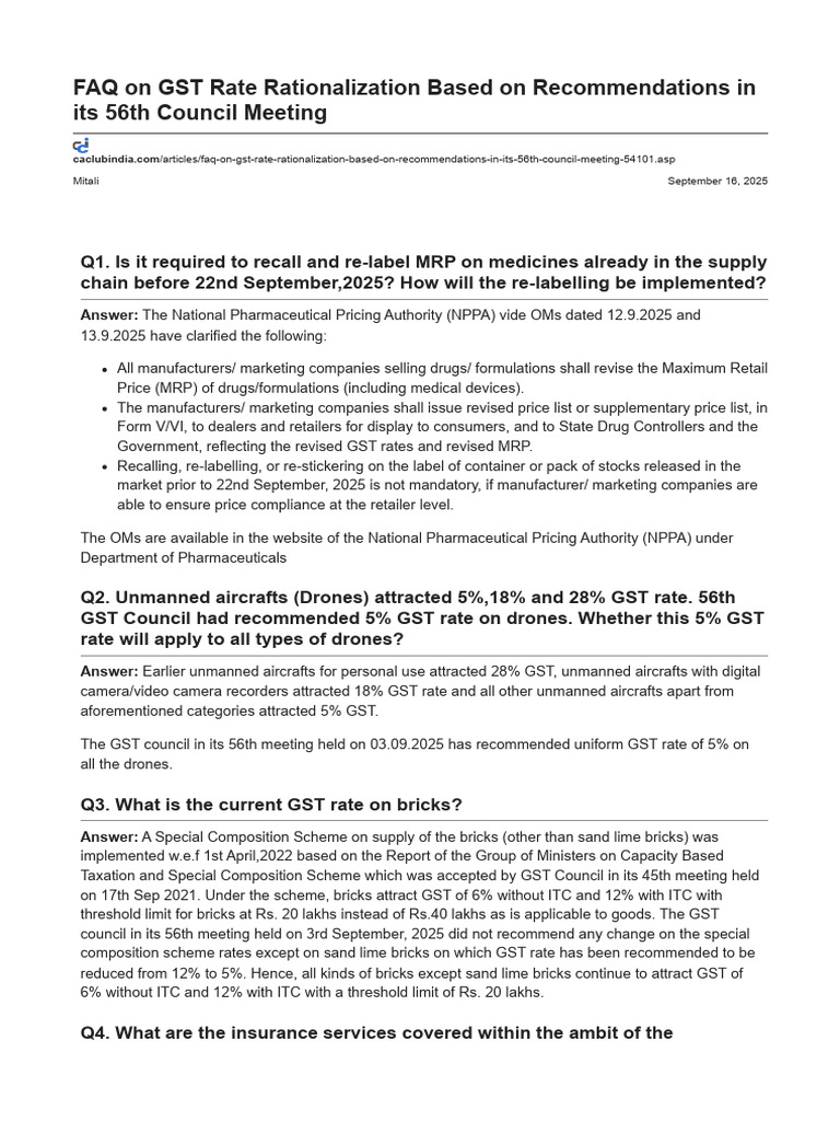 FAQ On GST Rate Rationalization Based On Recommendations in Its 56th ...