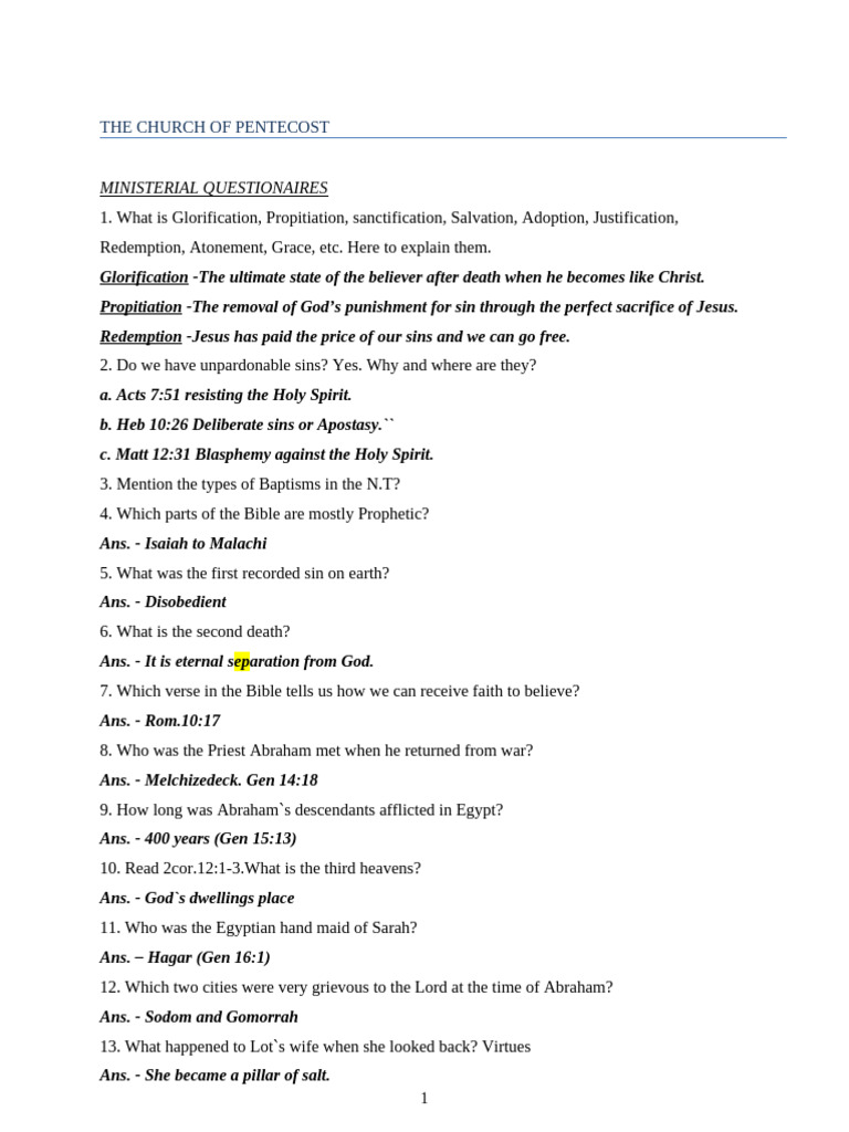 Pentecostal Ministerial Questionnaire Guide | PDF | Justification ...