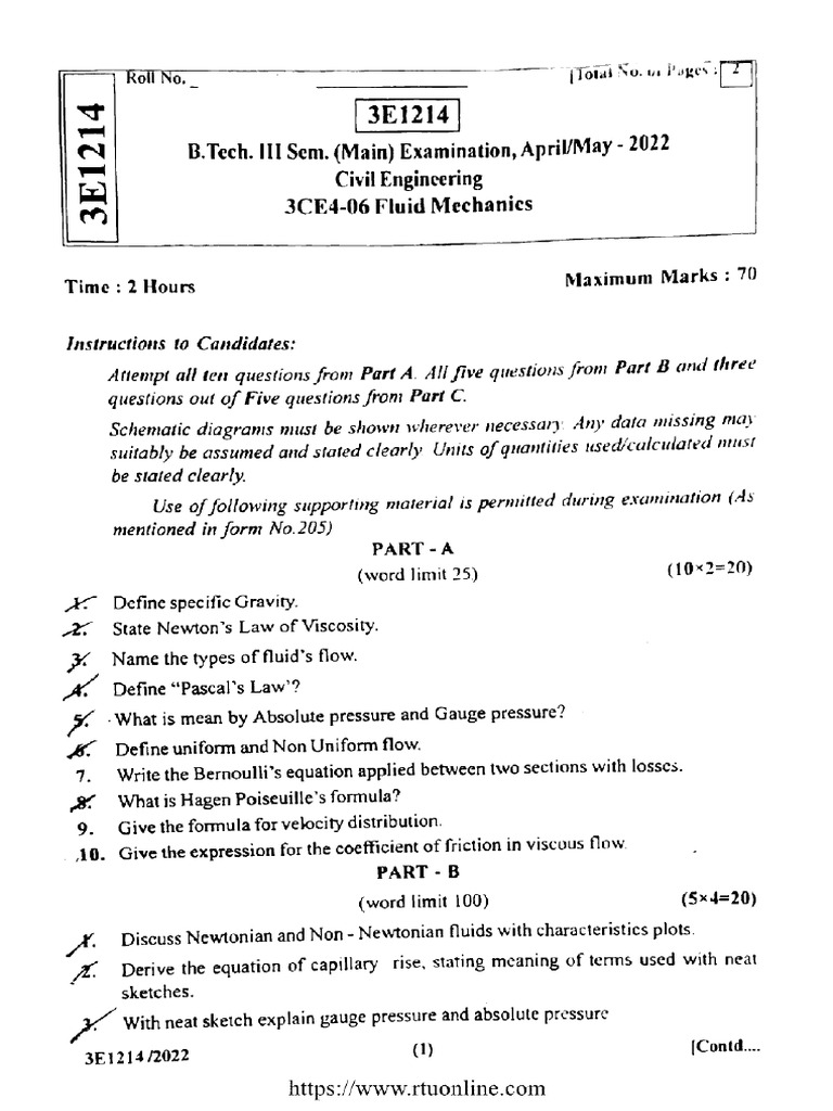 Btech Ce 3 Sem Fluid Mechanics 3e1214 May 2022 | PDF