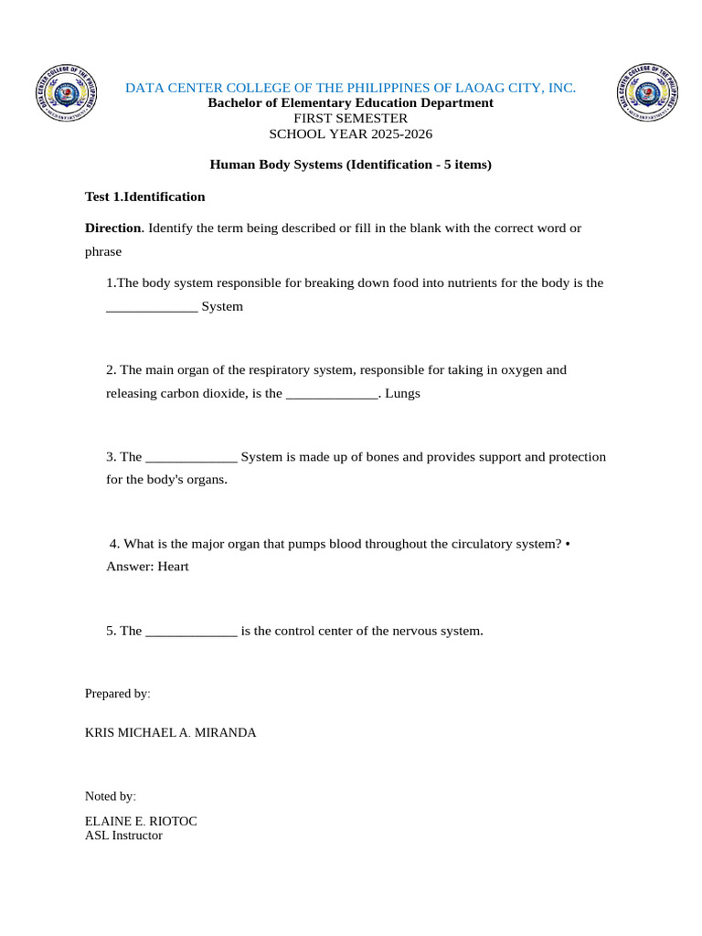 Human Body Systems Test for Education | PDF
