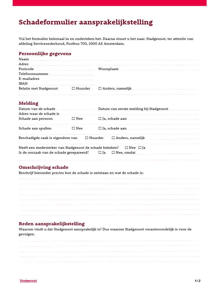 Formulier Aansprakelijkstelling | PDF