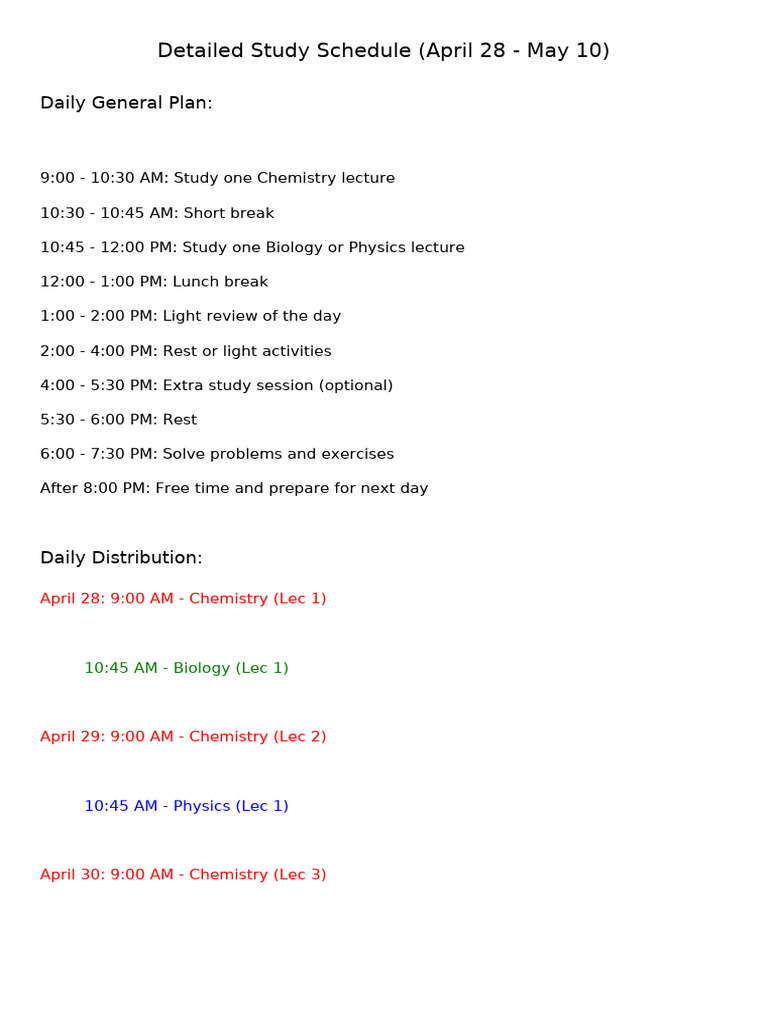 Comprehensive Study Schedule: April 28 - May 10 | PDF