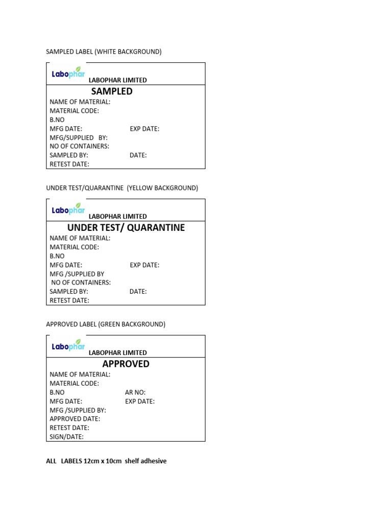 Labophar Limited Label Samples | PDF