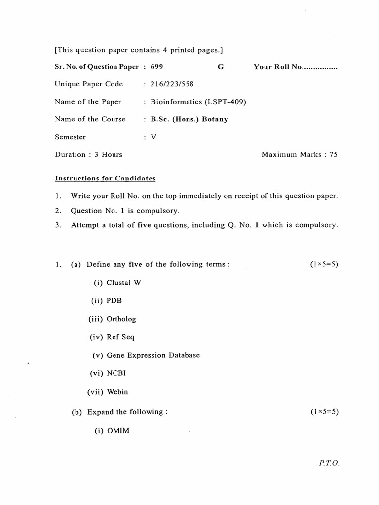 B.cs. (Hons.) V Botany Bioinformatics (Lspt-409) - 699 | PDF