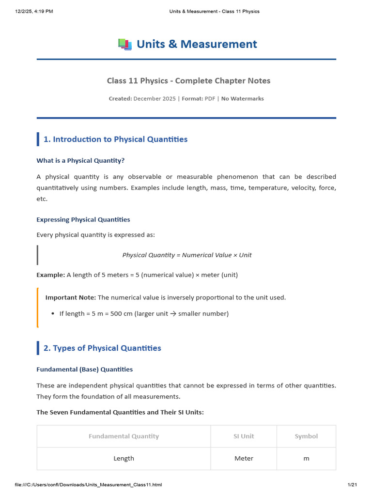 Class 11 Physics: Units & Measurement Guide | PDF | Significant Figures ...