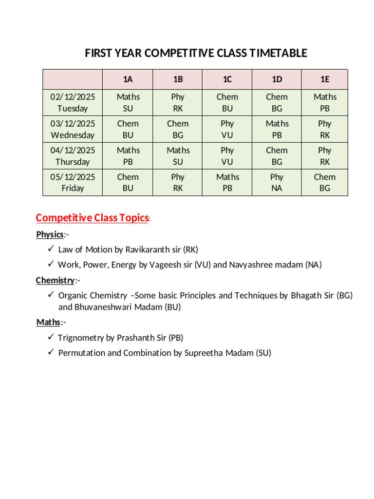 First Year Competitive Class Schedule | PDF