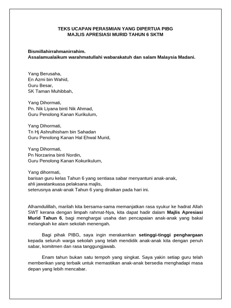 Teks Ucapan Perasmian Ydp - Apresiasit6 | PDF
