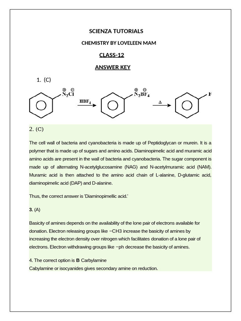Chemistry Class 12 Answer Key Guide | PDF | Amine | Organic Chemistry