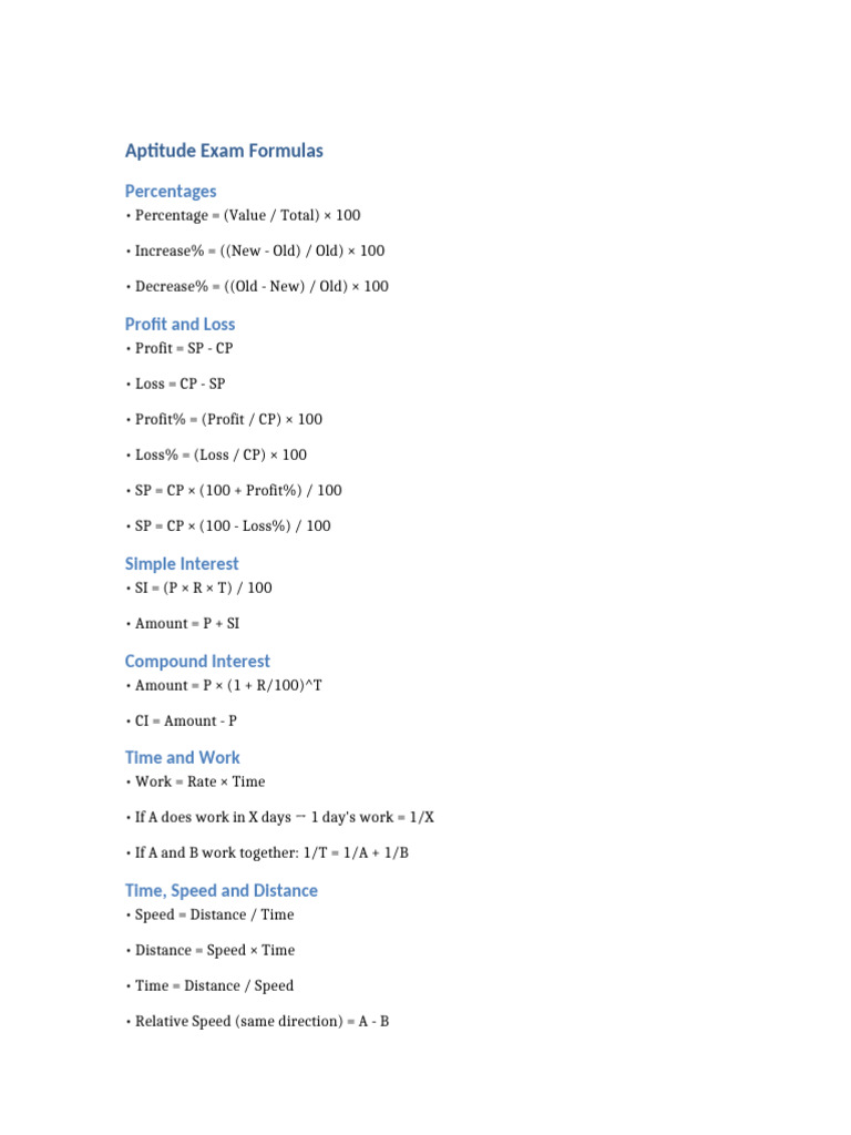 Essential Aptitude Exam Formulas | PDF
