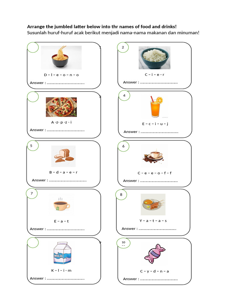 Arrange The Jumbled Latter Below Into THR Names of Food and Drinks | PDF