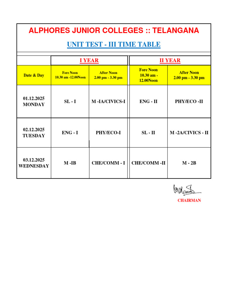 Junior College Unit Test Schedule 2025 | PDF