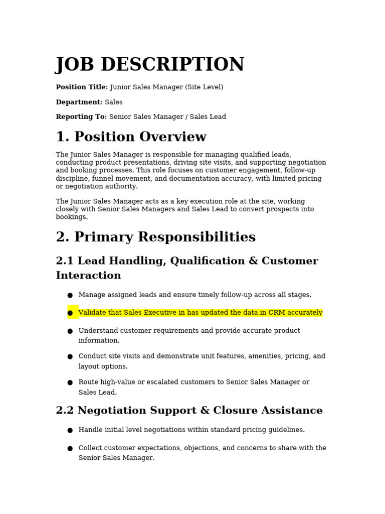 Junior Sales Manager Job Description | PDF | Customer Relationship ...