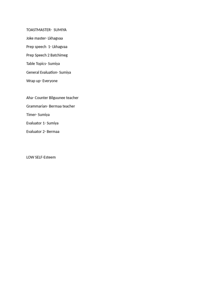 Toastmasters Meeting Agenda: Low Self-Esteem | PDF