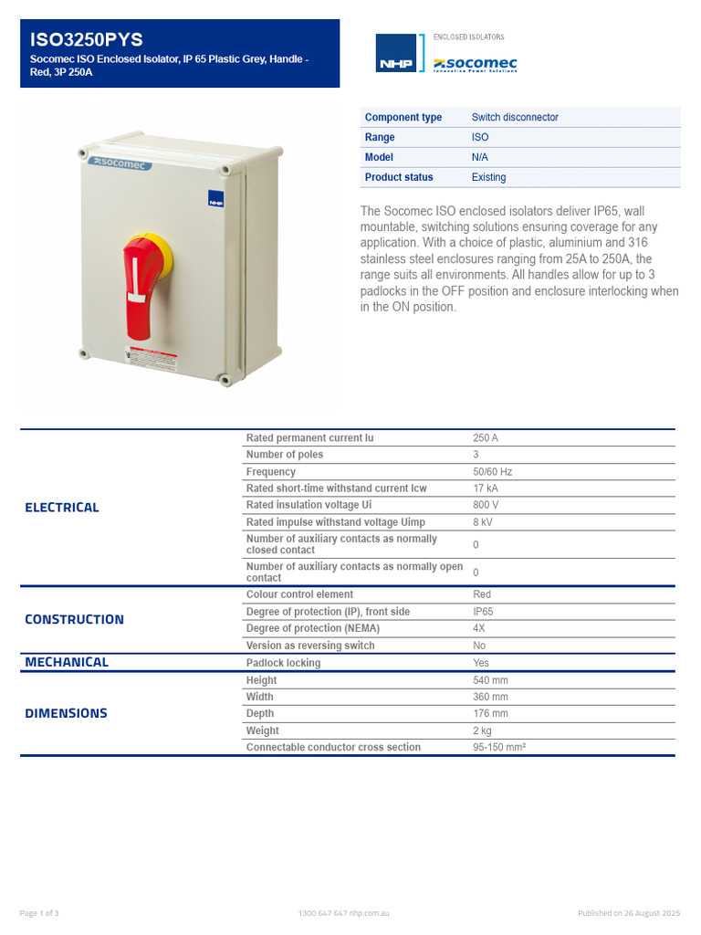 Socomec ISO Enclosed Isolator 250A | PDF | Switch | Power (Physics)