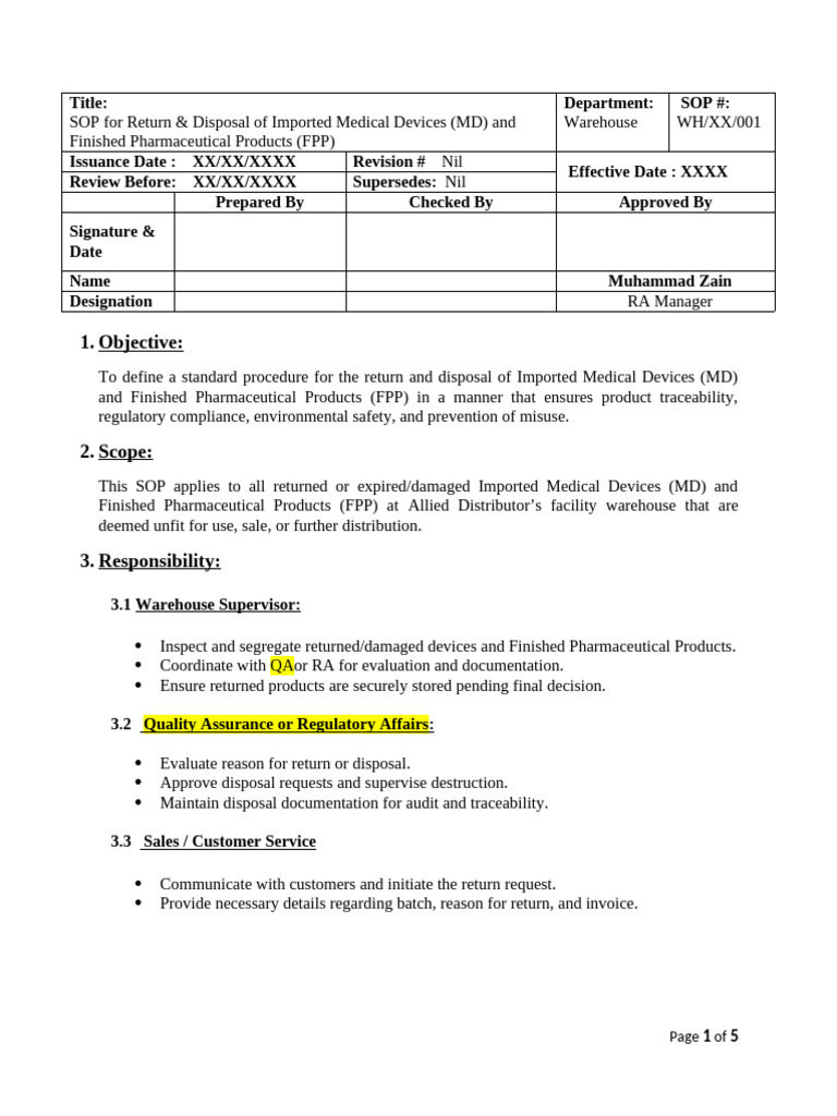 SOP for Medical Device Return & Disposal | PDF | Medical Device