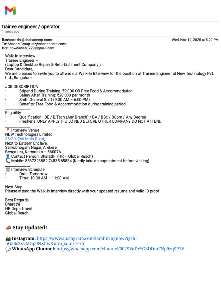 Gmail - Trainee Engineer - Operator | PDF