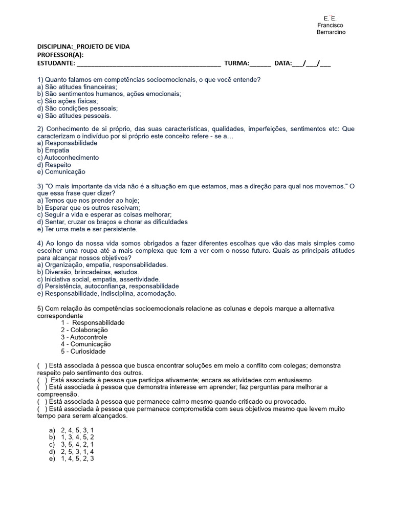 Prova de Projeto de Vida 2022 - 1º Ano | PDF | Empatia | Sentimento