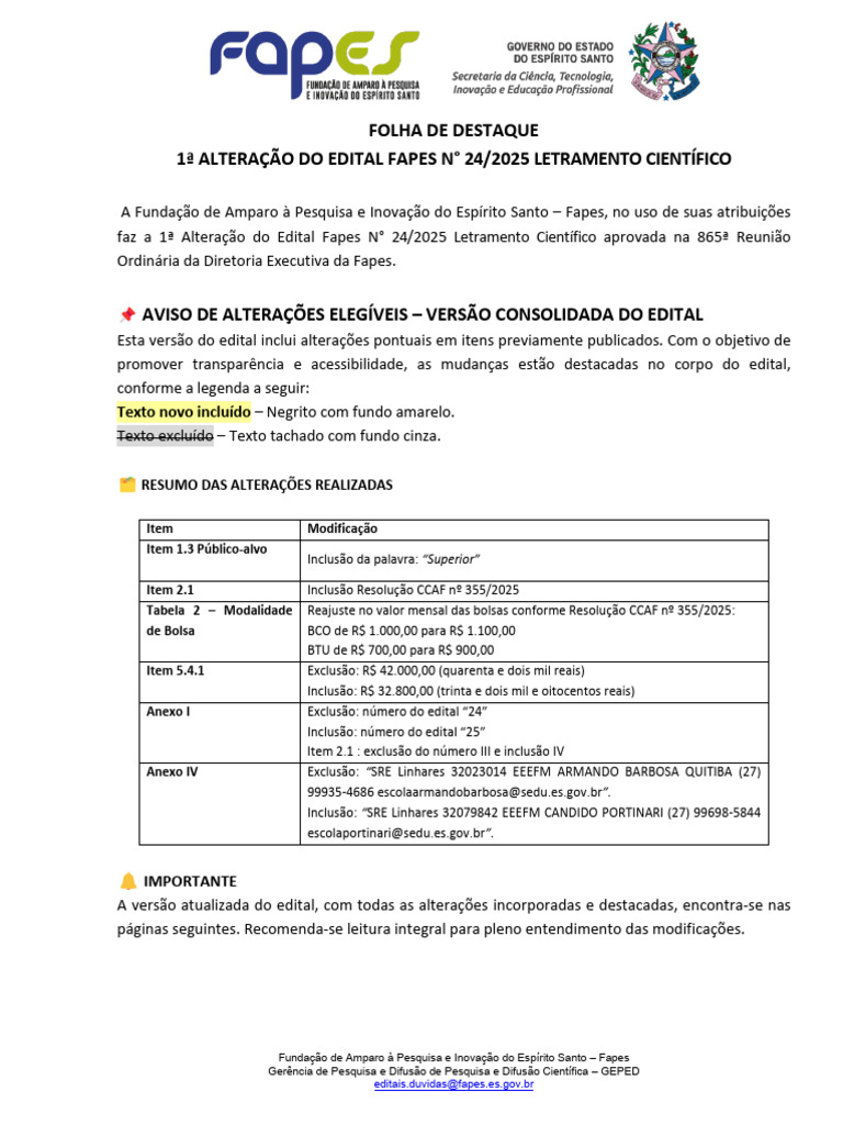 Alteração Edital FAPES 24/2025 Letramento Científico | PDF | Science ...