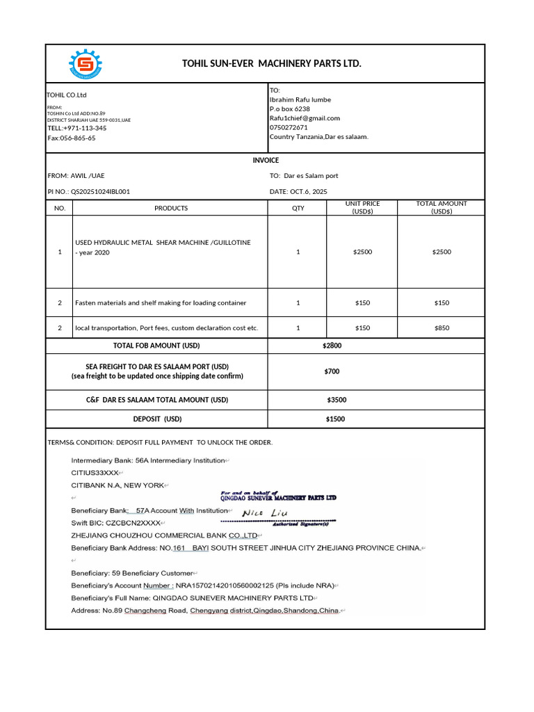 Invoice for Hydraulic Shear Machine | PDF
