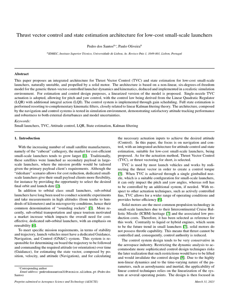 Thrust Vector Control for Small Launchers | PDF | Force | Rotation