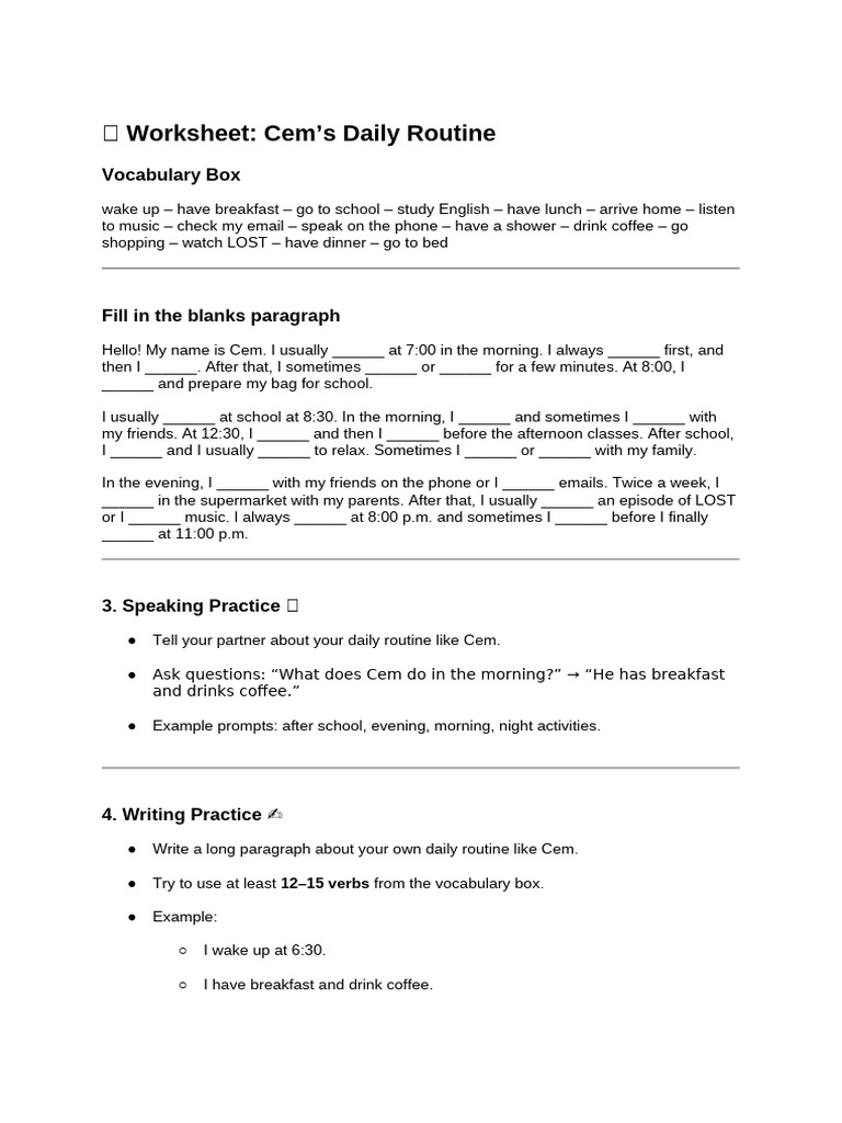 ? Worksheet - Cem's Daily Routine | PDF