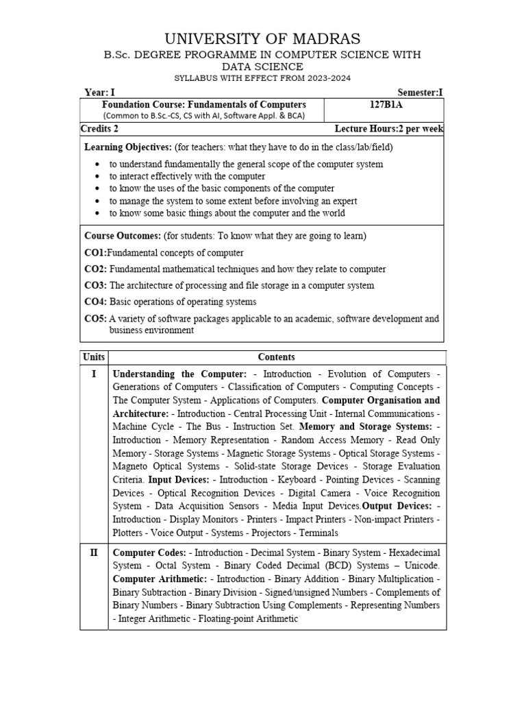 B.Sc. Computer Science Syllabus 2023-24 | PDF | Computer Data Storage ...