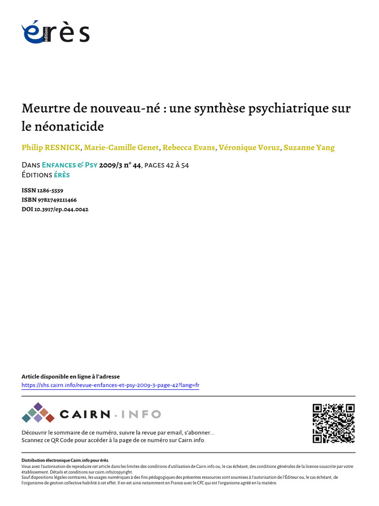 Néonaticide : Analyse psychiatrique détaillée | PDF | Psychose