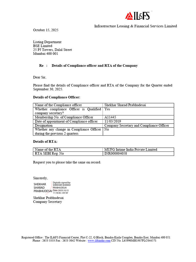 Compliance Officer and RTA Details 2025 | PDF