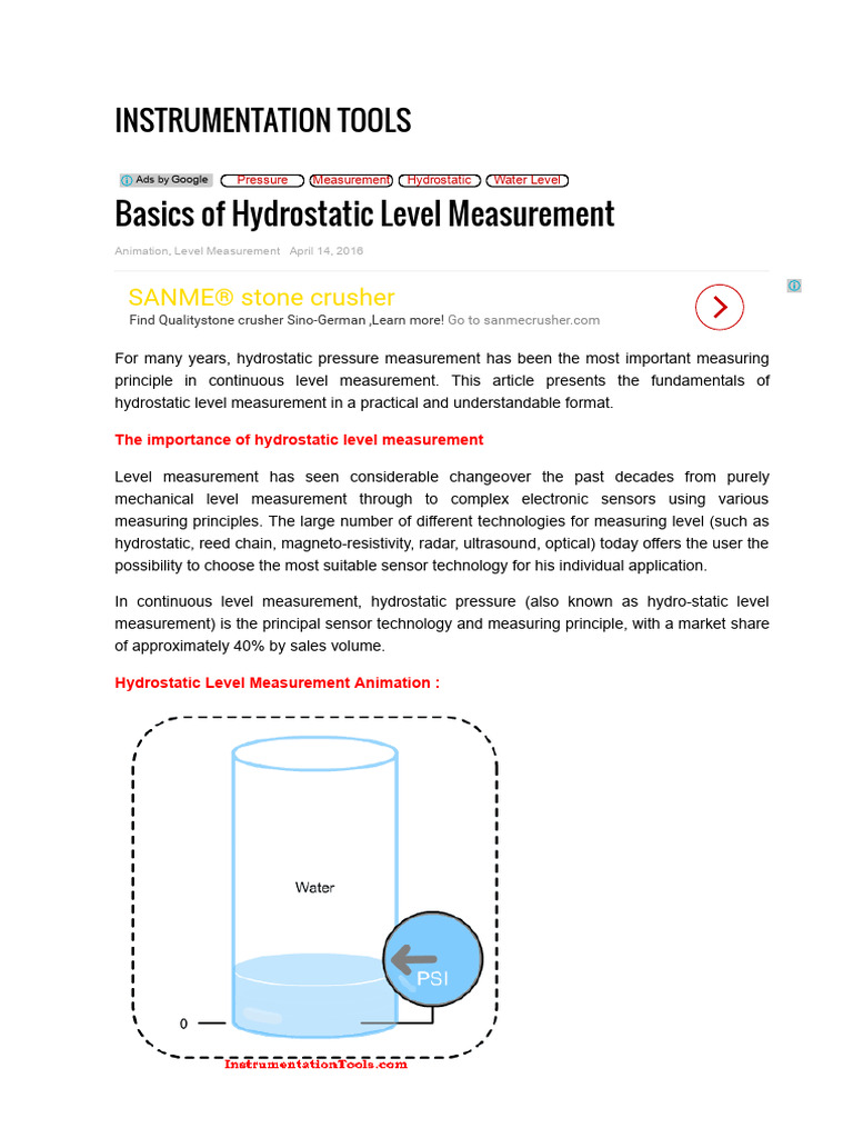 Hydrostatic Level Measurement Basics | PDF | Pressure Measurement ...