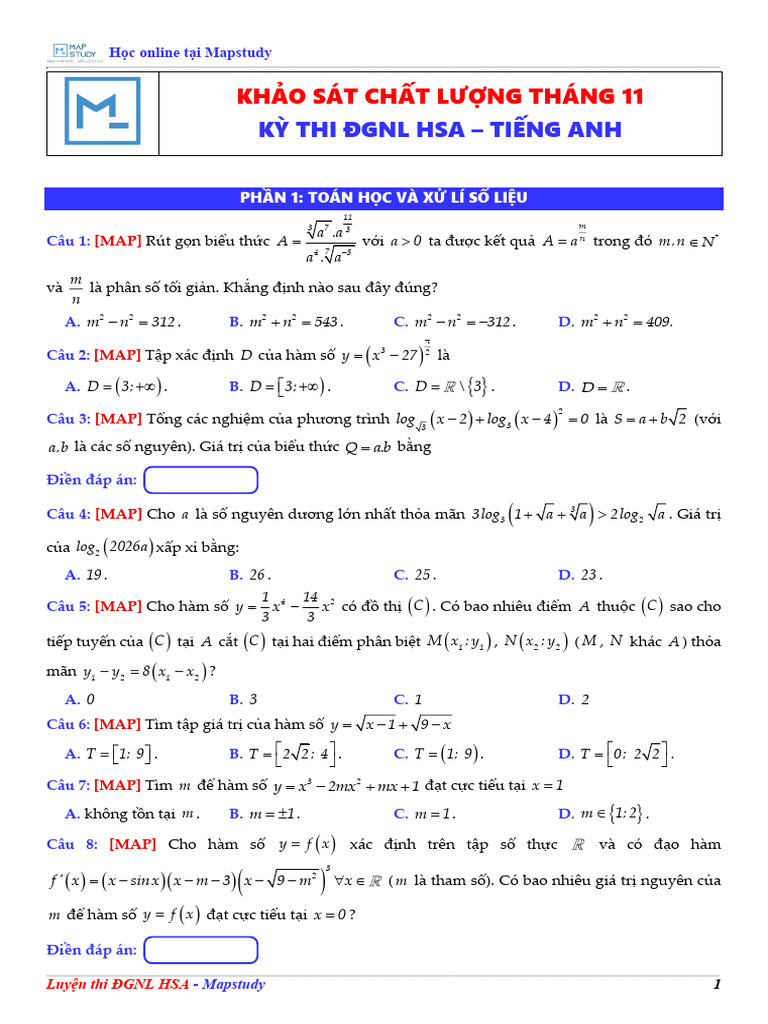 Đề Kscl Tháng 11 - Kì Thi Đgnl Hsa - Chọn Tiếng Anh | PDF
