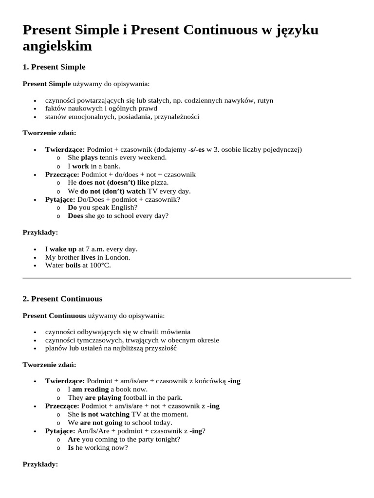 Present Simple I Present Continuous W Języku Angielskim | PDF