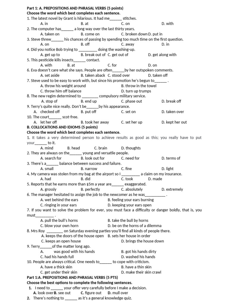 Prepositions and Phrasal Verbs Quiz | PDF