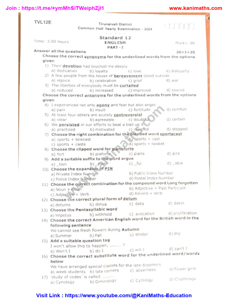 Kani Maths 12th English Tirunelveli DT Half Yearly-2024 Question Paper ...