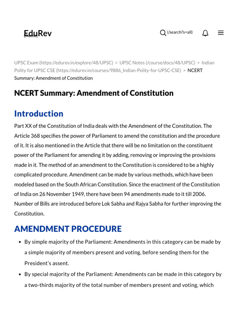 NCERT Summary - Amendment of Constitution - Indian Polity For UPSC CSE ...