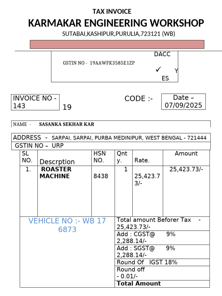 Tax Invoice for Roaster Machine Purchase | PDF