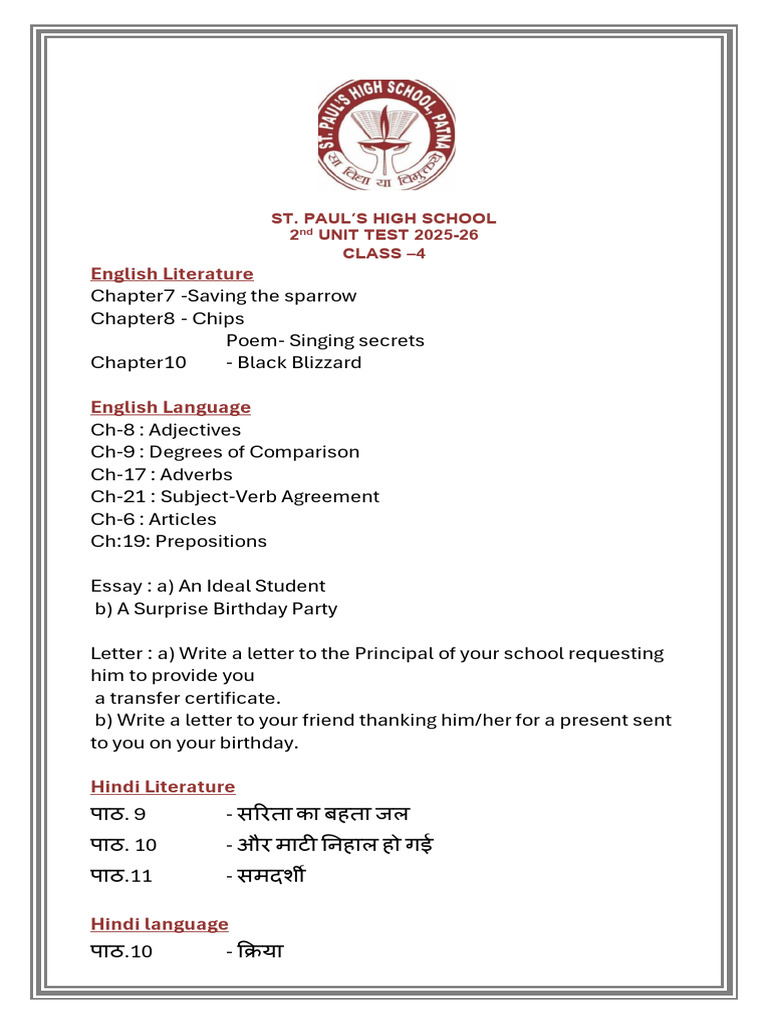 Class 4 Unit Test Syllabus 2025-26 | PDF