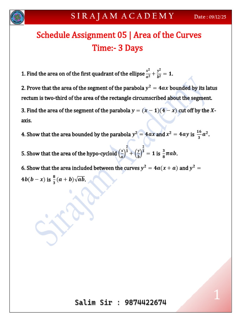 Schedule Assignment 05 - Area of the Curves | PDF