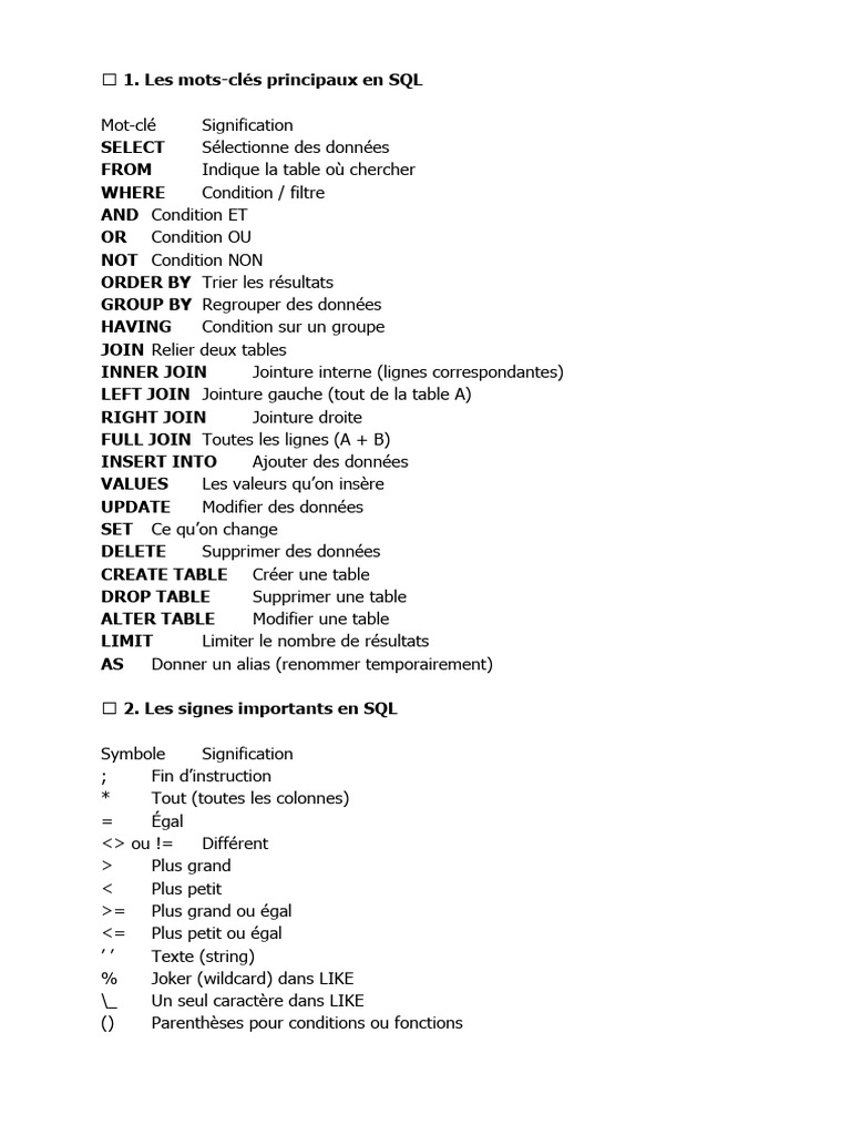 Mots-clés et commandes SQL essentielles | PDF
