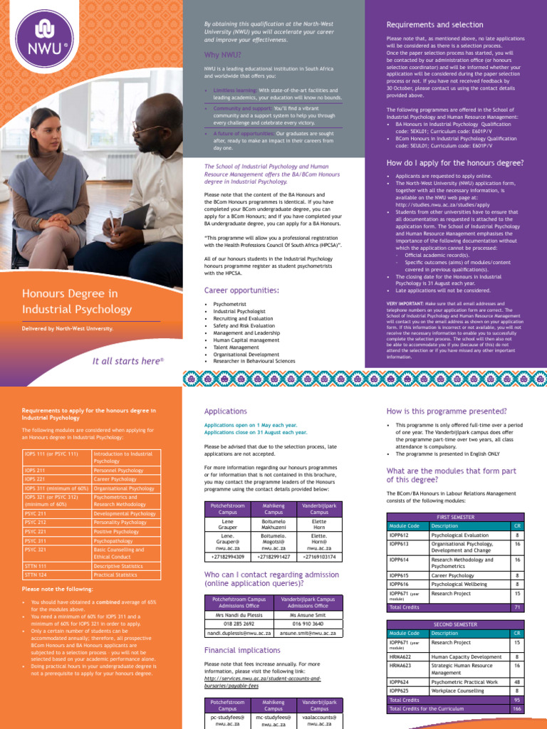 NWU Honours in Industrial Psychology Guide | PDF | Industrial And ...