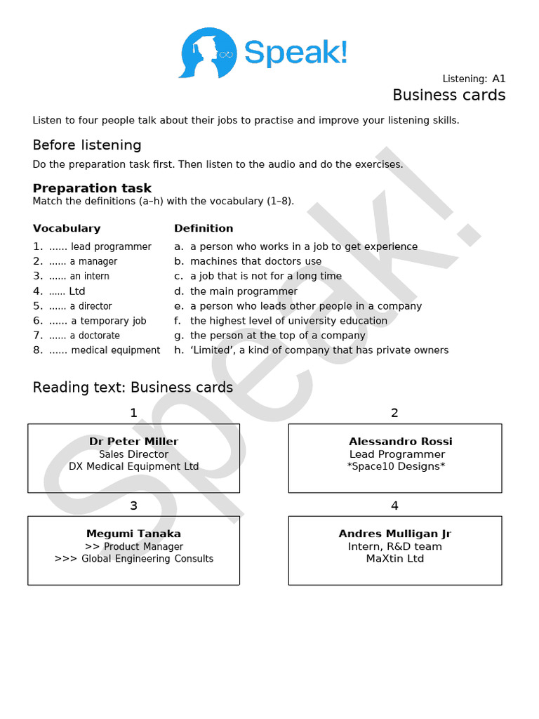Listening Skills: Business Card Vocabulary | PDF | Chess Theory | Chess