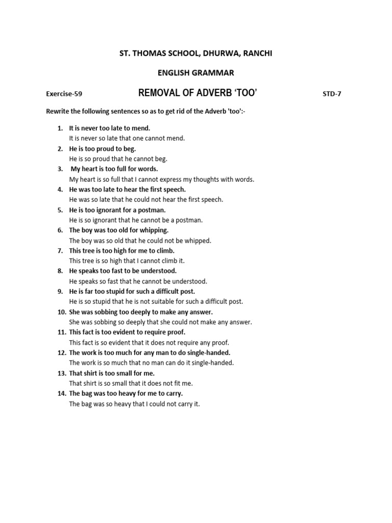 Remove 'Too' from Sentences Exercise | PDF