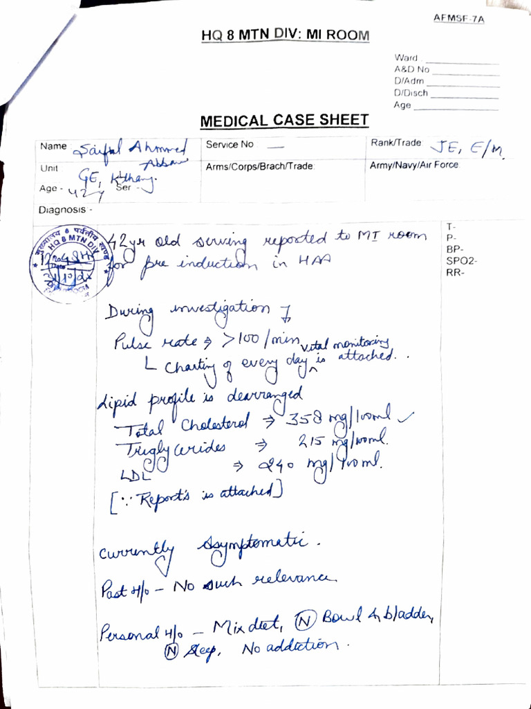 Medical Case Sheet for Army Personnel | PDF | Cardiac Electrophysiology ...
