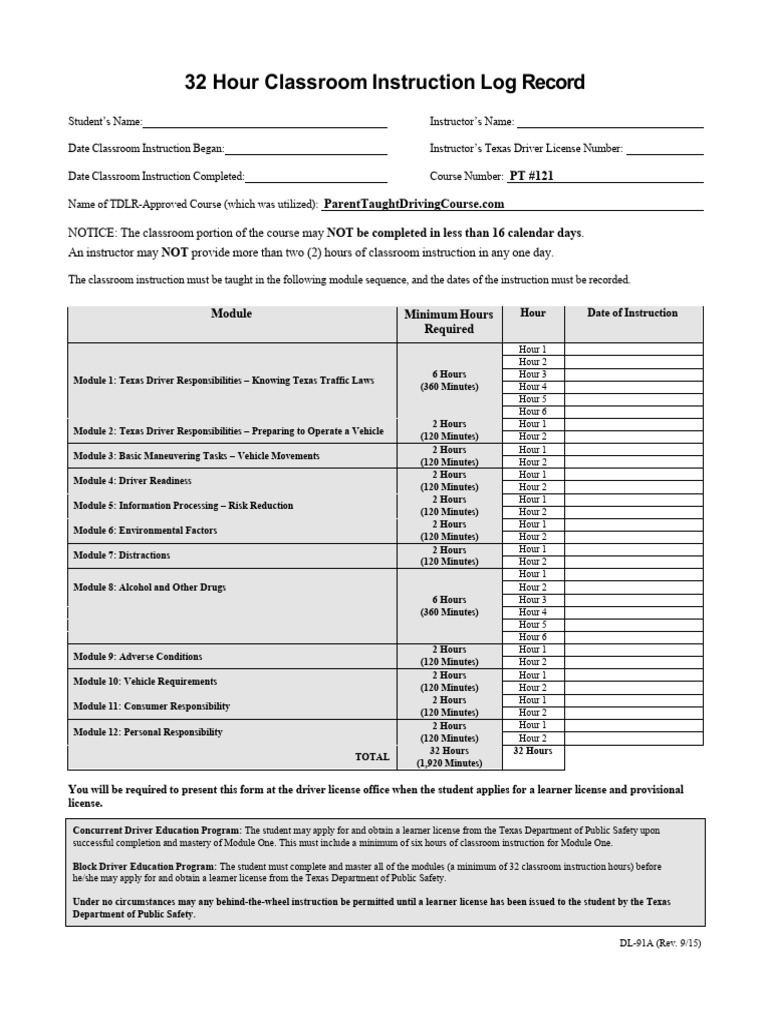 Texas 32-Hour Driver Instruction Log | PDF | Vehicle Operation ...