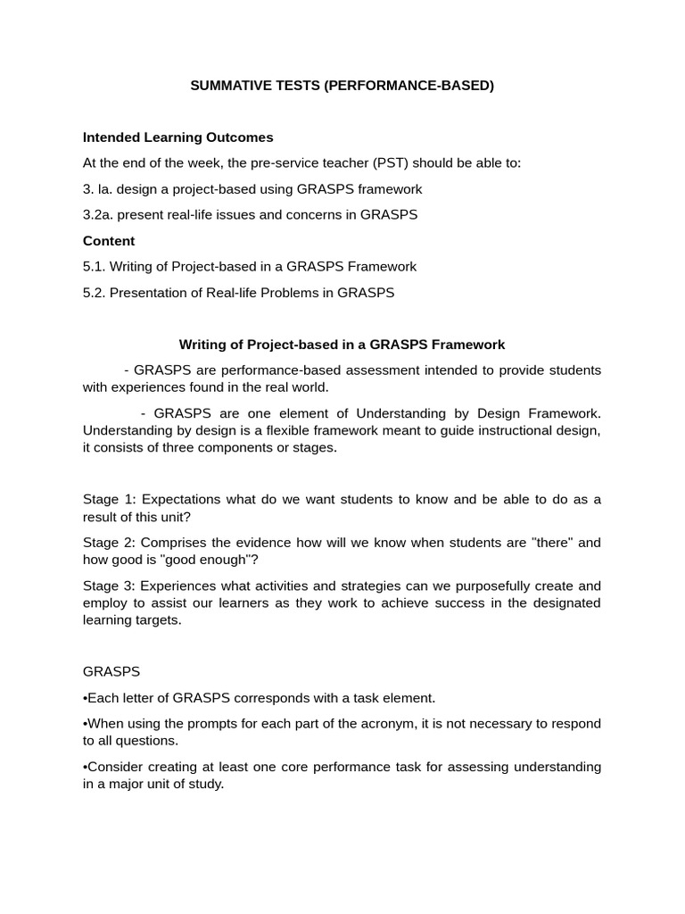 GRASPS Framework for Project-Based Learning | PDF | Educational ...