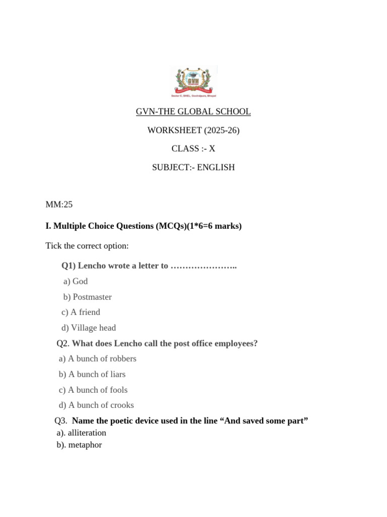 Class X English Worksheet 2025-26 | PDF
